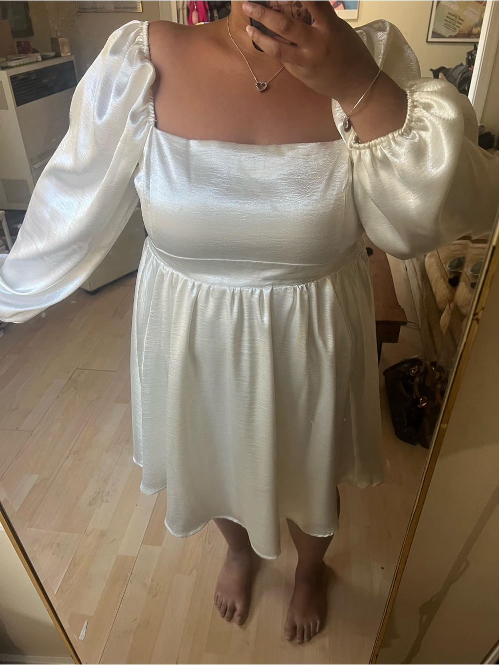 ARULA Satin Ivory Mini Dress with Puff Sleeves